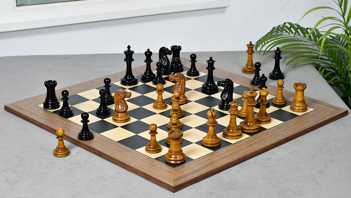 Combo Of Circa 1887 Turner Teich Soviet-Staunton Style Weighted 4" Chess Pieces in Ebony & Antiqued Boxwood With Wooden Deluxe Black Dyed Poplar & Sycamore with Matte Finish Chess Board