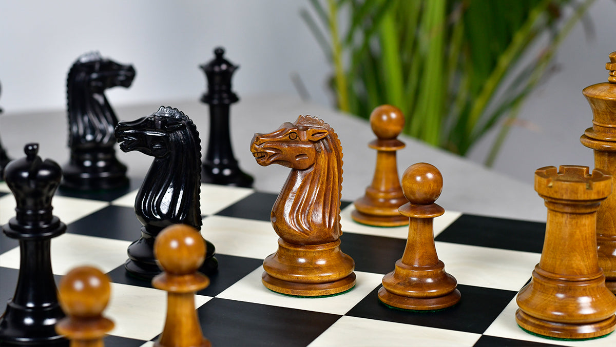 Circa 1887 Turner Teich Soviet-Staunton Style Weighted 4" Chess Pieces in Ebony & Antiqued Boxwood - 1700 Grams Weight