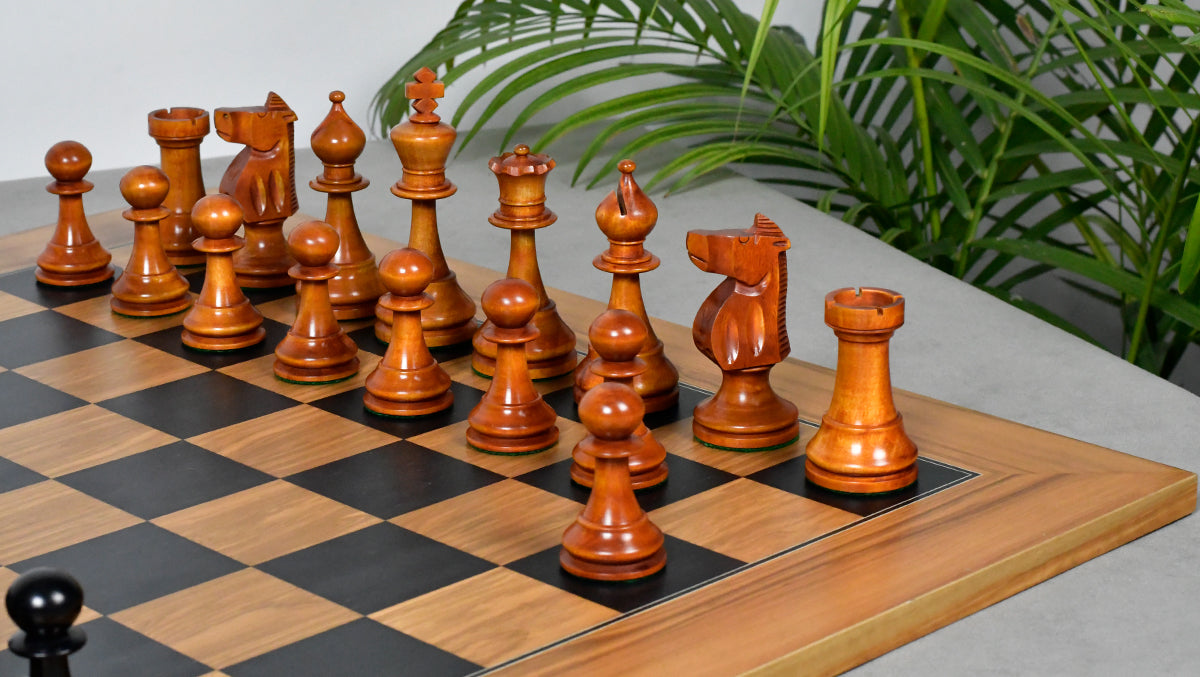 Combo Of The 1973 Philippines Repro International Tournament Chess Pieces in 4.2 Inch King Ebonized & Distressed Antique With Wooden Black Dyed Poplar Olive Chess Board