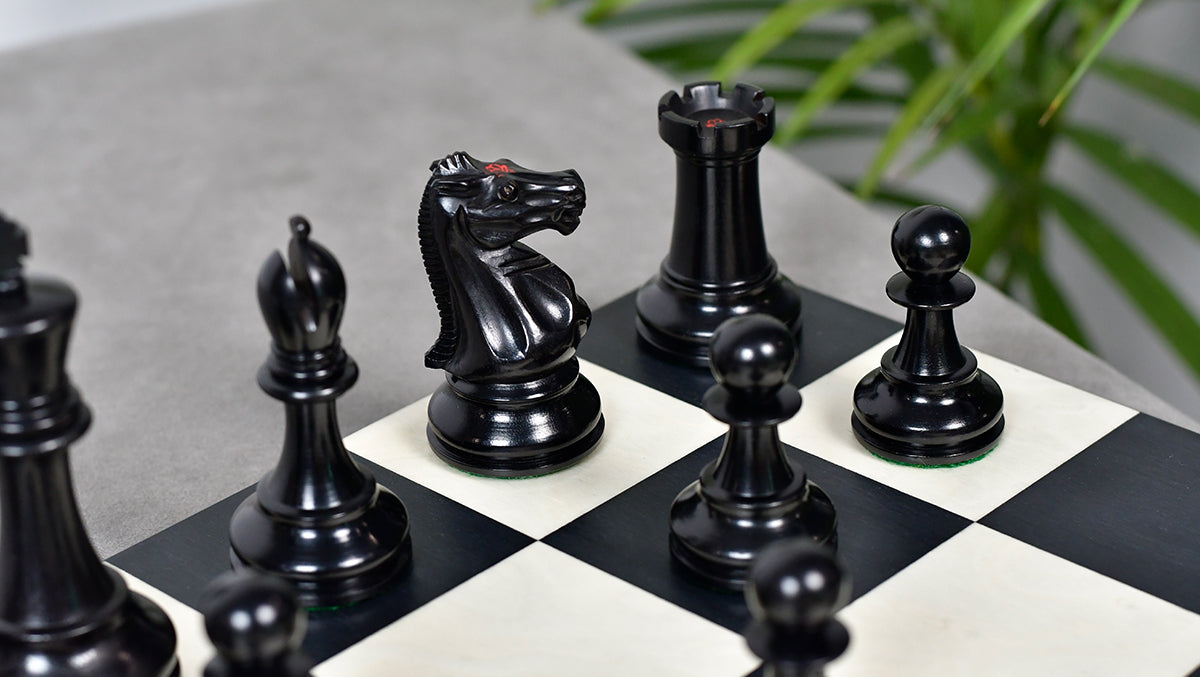 1900s' Marshall Staunton Pattern Chess Pieces in Ebony / Antiqued Boxwood with King Side Stamping - 3.75" King