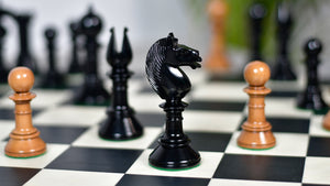 Exclusive Repro Old Antique Edinburgh Upright Chess Pieces in Distressed Boxwood and Ebonized Wood - 4.4" King with Extra Queens