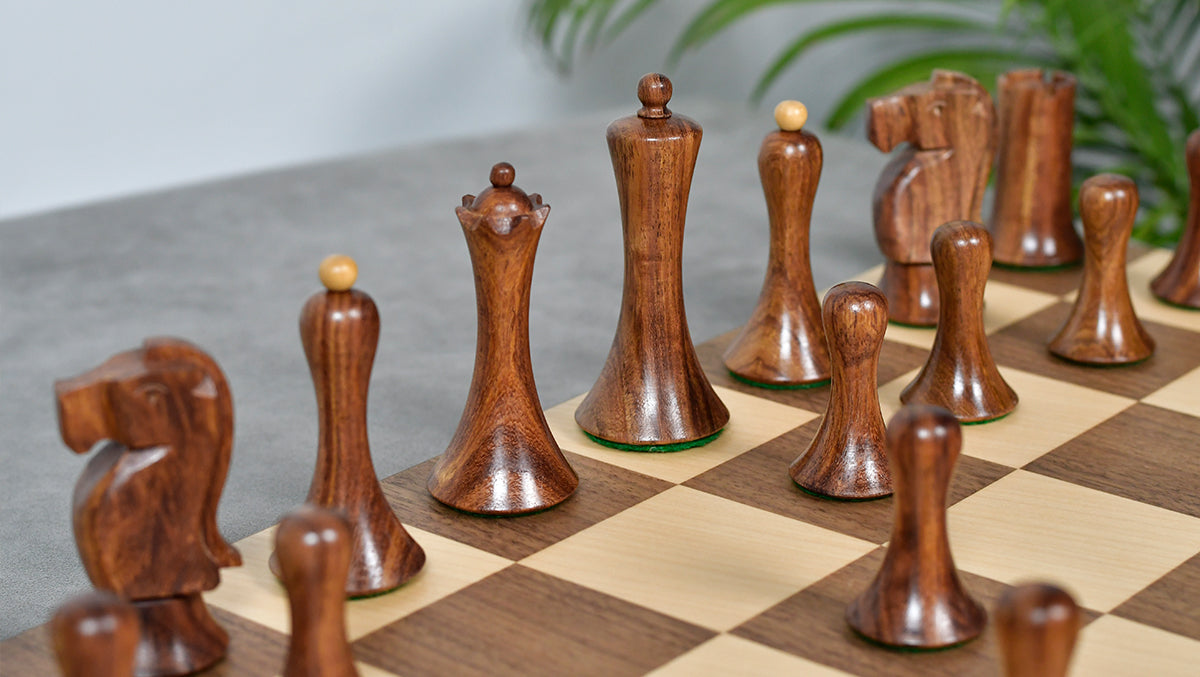 Combo Of Minimalist Soviet-Style Chess Pieces In Sheesham & Boxwood - 3.7” King With Minimalist Walnut Maple Wooden Chess Board Matte Finish