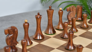 Combo Of Minimalist Soviet-Style Chess Pieces In Sheesham & Boxwood - 3.7” King With Minimalist Walnut Maple Wooden Chess Board Matte Finish