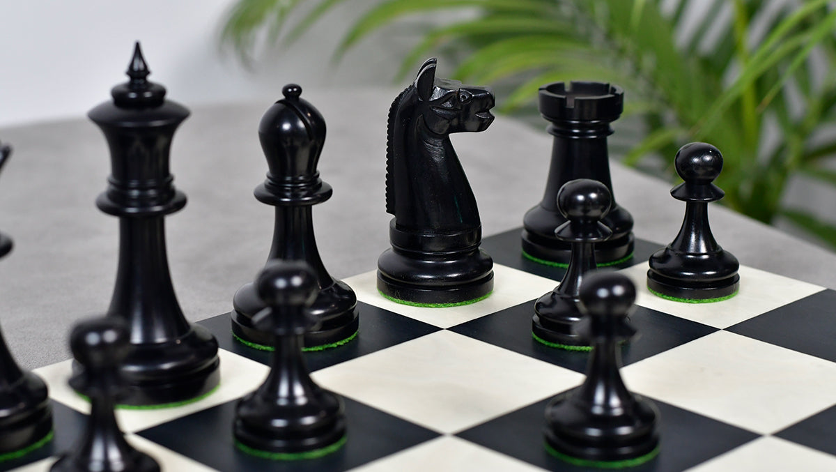 1900s' American Chess Company Reproduction Tournament Chess Set -  Black Ebonized & Antiqued Boxwood 3.8" King