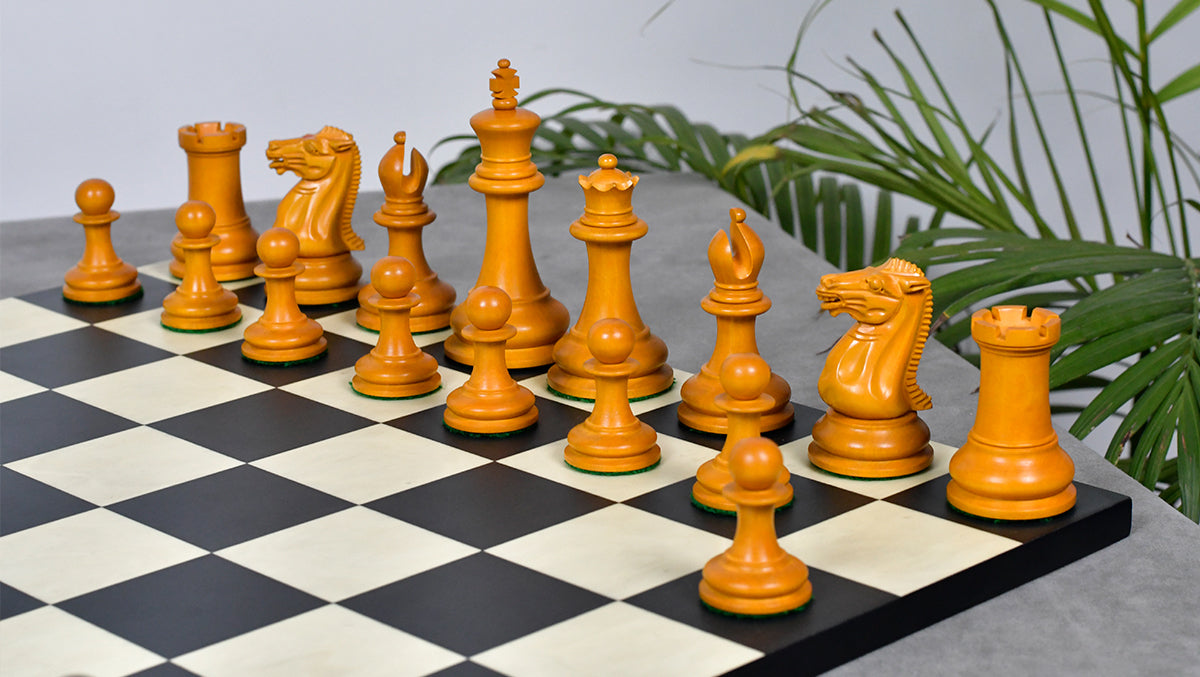 4.5" King - 1849 Original Staunton Pattern Triple Weighted Wooden Chess Pieces in Genuine Ebony & Antiqued Boxwood w/ King Side Stamping