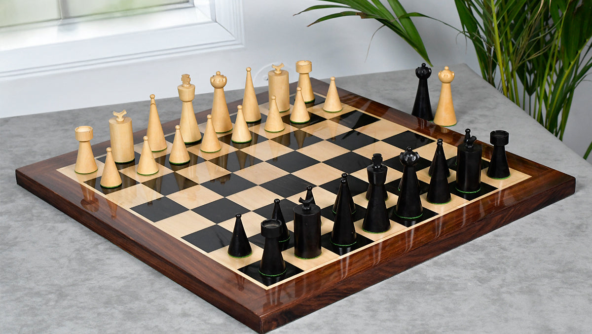 1940s' Art Deco Series Weighted Chess Pieces Ebonized and Boxwood -3.8" King