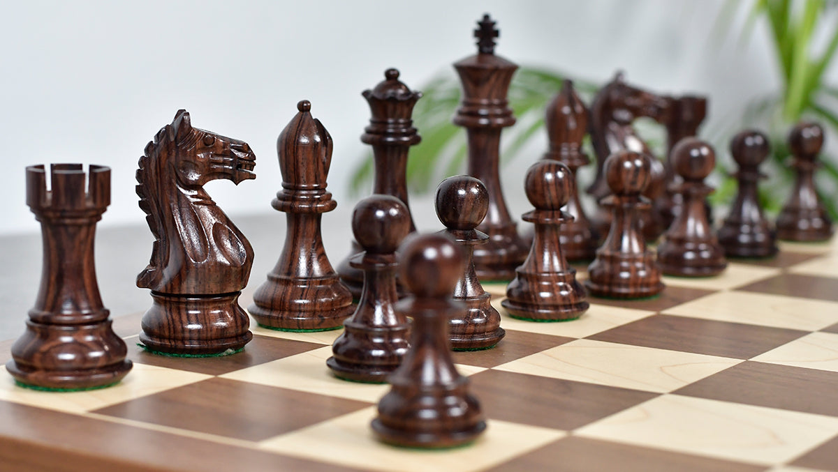 Fierce Knight (Queen's Gambit Series) Staunton Chess Pieces in Rosewood & Boxwood - 4.1" King