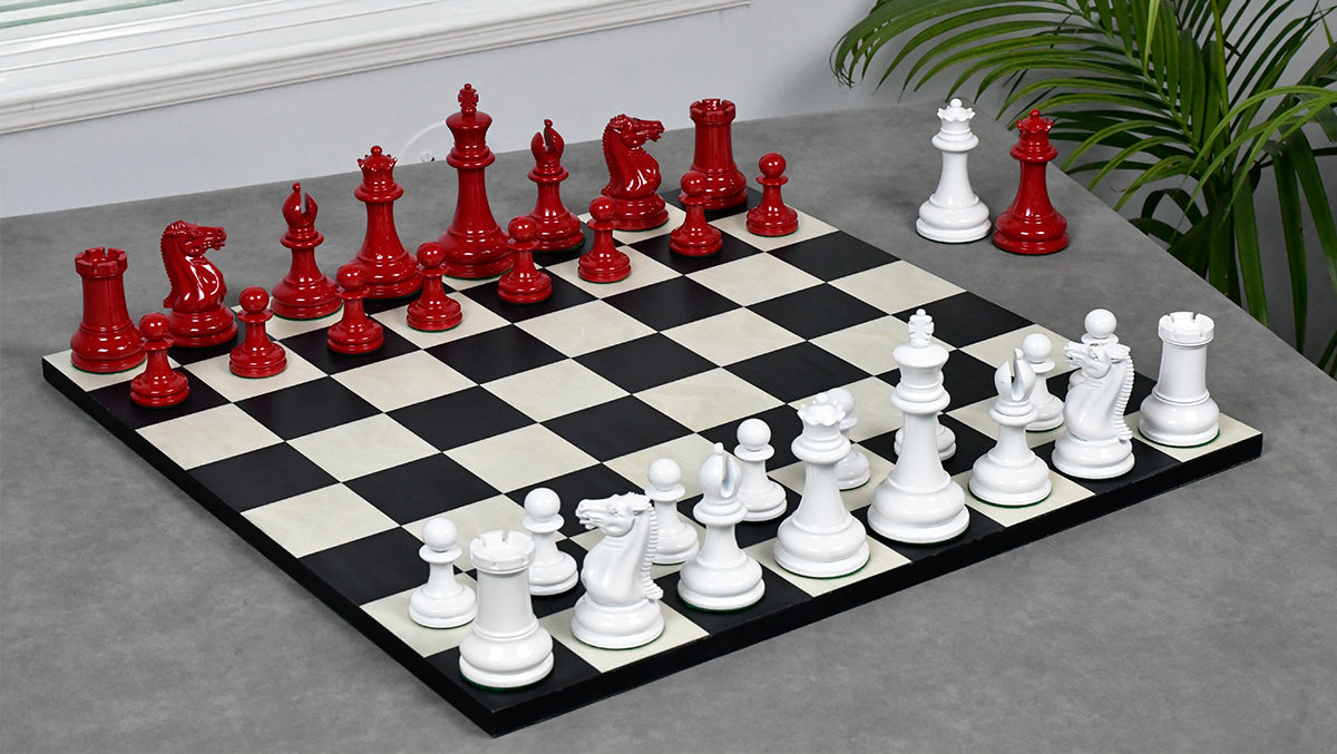 1849 Original Staunton Pattern Painted Chess Pieces (Lacquer Finished) Red Painted Crimson & Ivory White - 4.5" King