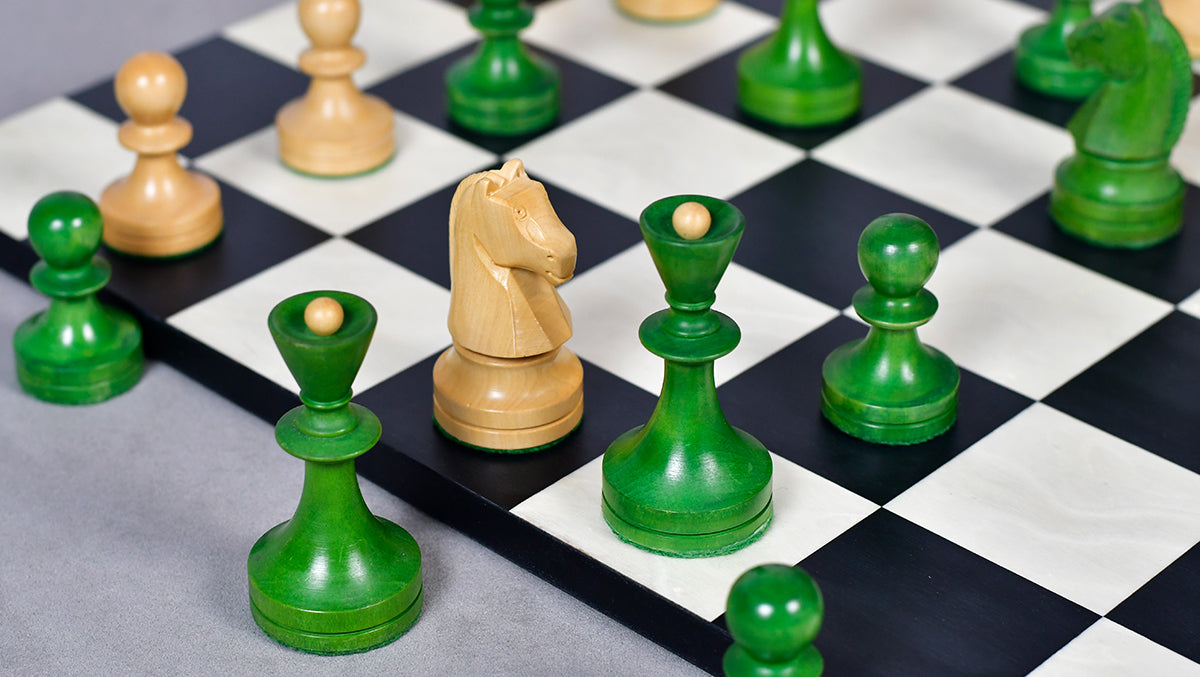 Russian (Soviet Era) Series Chess Pieces in Stained Green Ash Burl / Boxwood - 3.7" King