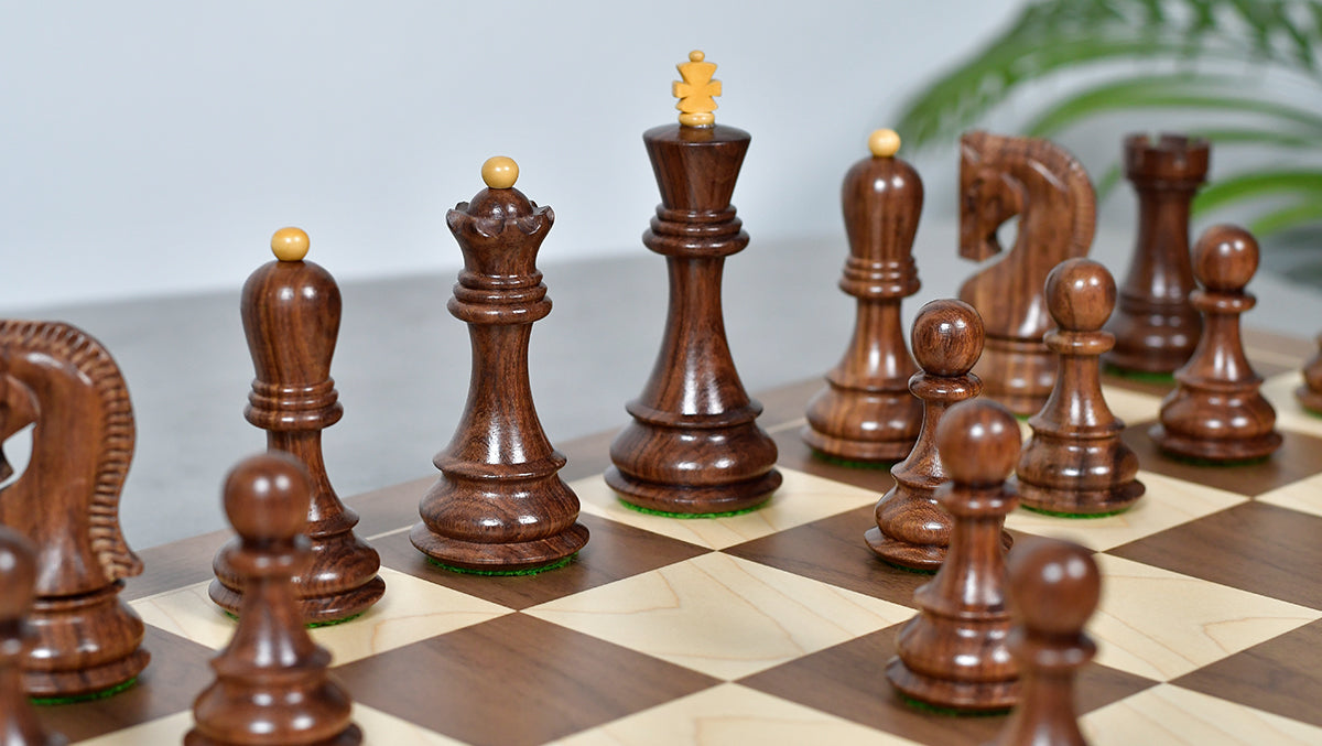 Combo Of 1959 World Chess Championship Russian Zagreb Weighted Chess Pieces in Sheesham / Natural Boxwood 4.14" - King With Wooden Walnut / Maple Chess Board