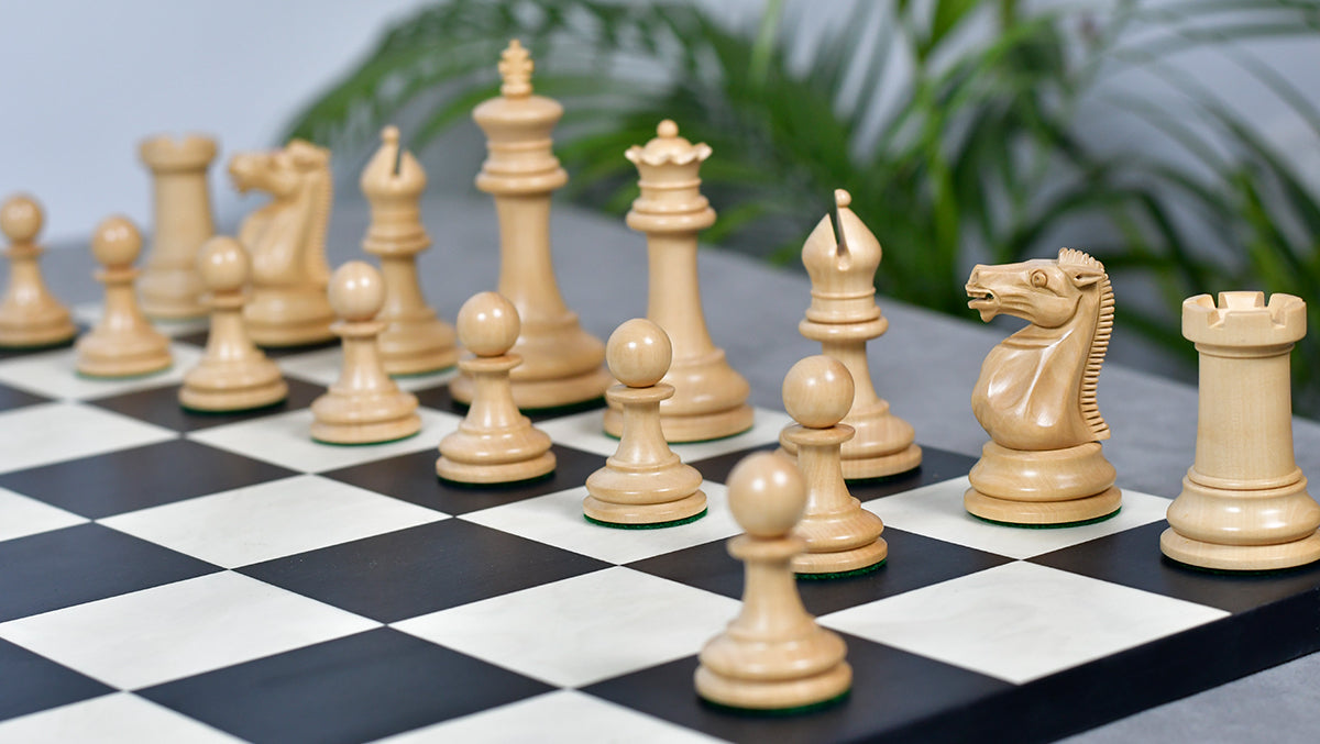 1880s-90s Circa Lasker Staunton Pattern Antique Chess Pieces in Ebony / Boxwood with King Side Stamping - 3.75" King
