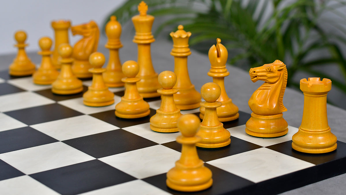 1900s' Marshall Staunton Pattern Chess Pieces in Ebony / Antiqued Boxwood with King Side Stamping - 3.75" King