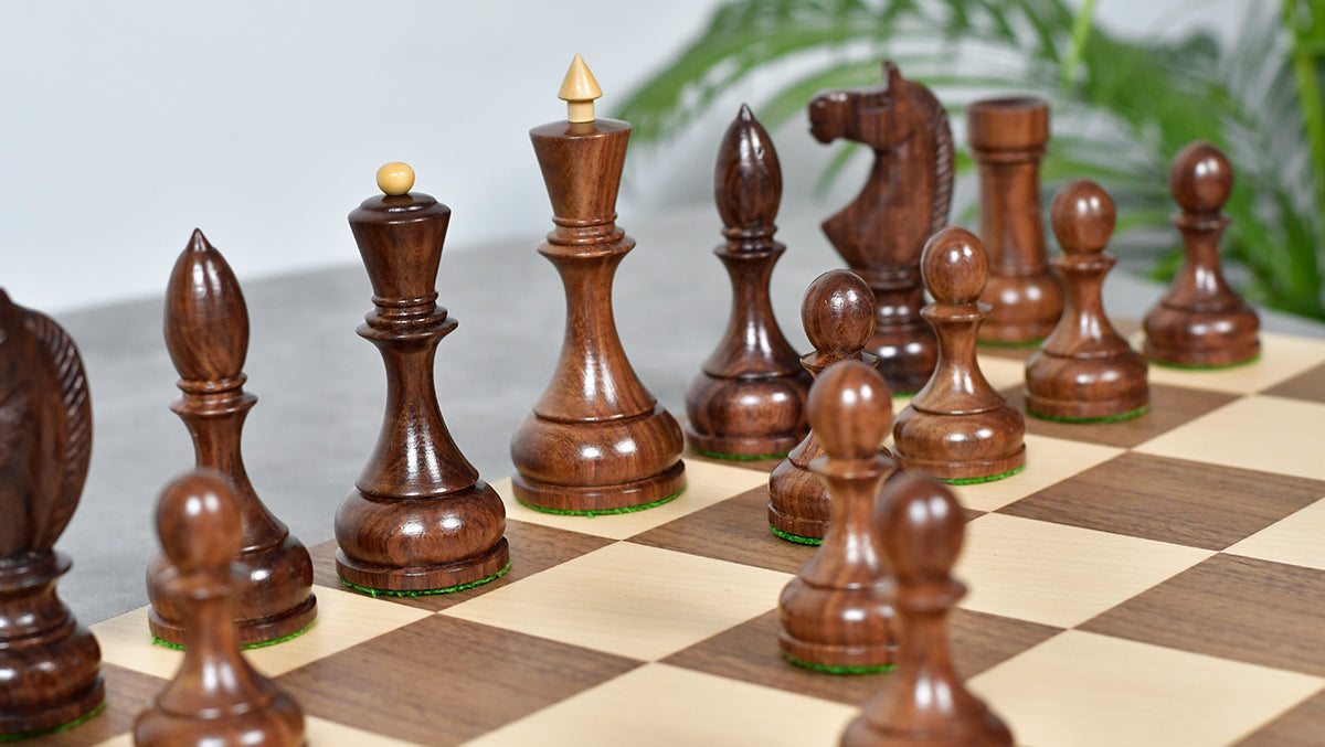 Combo Of Circa 1930s "Leningrad Schoolboy" Soviet Chess Pieces 4.2 inch King in Sheesham & Boxwood - 1530 Grams With Minimalist Walnut Maple Wooden Chess Board Matte Finish