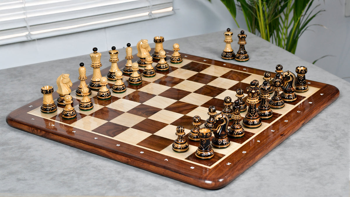 1950s' Fischer Dubrovnik Chess Pieces Set in Lacquer Finished Burnt & Natural Box Wood - 3.7" King