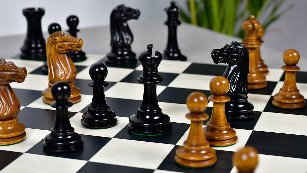Circa 1887 Turner Teich Soviet-Staunton Style Weighted 4" Chess Pieces in Ebony & Antiqued Boxwood - 1700 Grams Weight