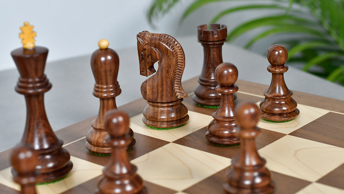 Combo Of 1959 World Chess Championship Russian Zagreb Weighted Chess Pieces in Sheesham / Natural Boxwood 4.14" - King With Wooden Walnut / Maple Chess Board
