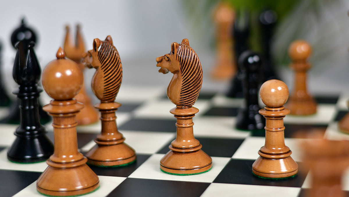 Exclusive Repro Old Antique Edinburgh Upright Chess Pieces in Distressed Boxwood and Ebonized Wood - 4.4" King with Extra Queens