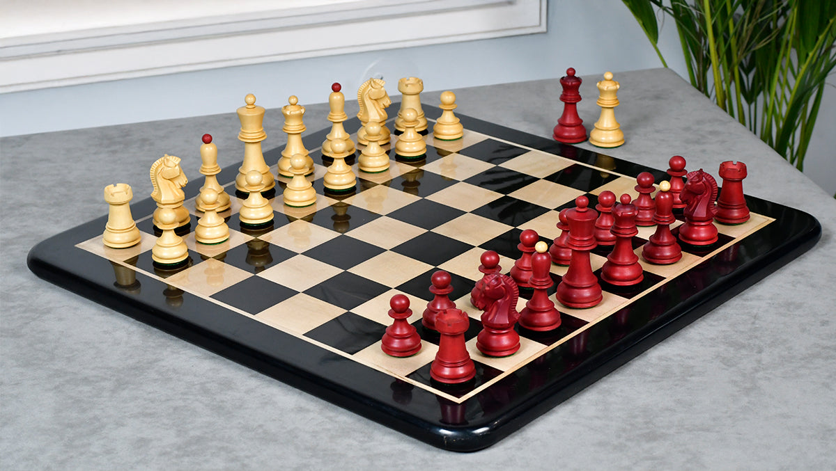 1950s' Fischer Dubrovnik Chess Pieces in Stained Crimson Boxwood & Box Wood - 3.7" King'