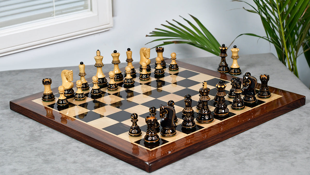 1959 World Chess Championship Russian Zagreb Weighted 3.8" Chess Pieces in Burnt Boxwood / Natural Boxwood - 1000 GMS