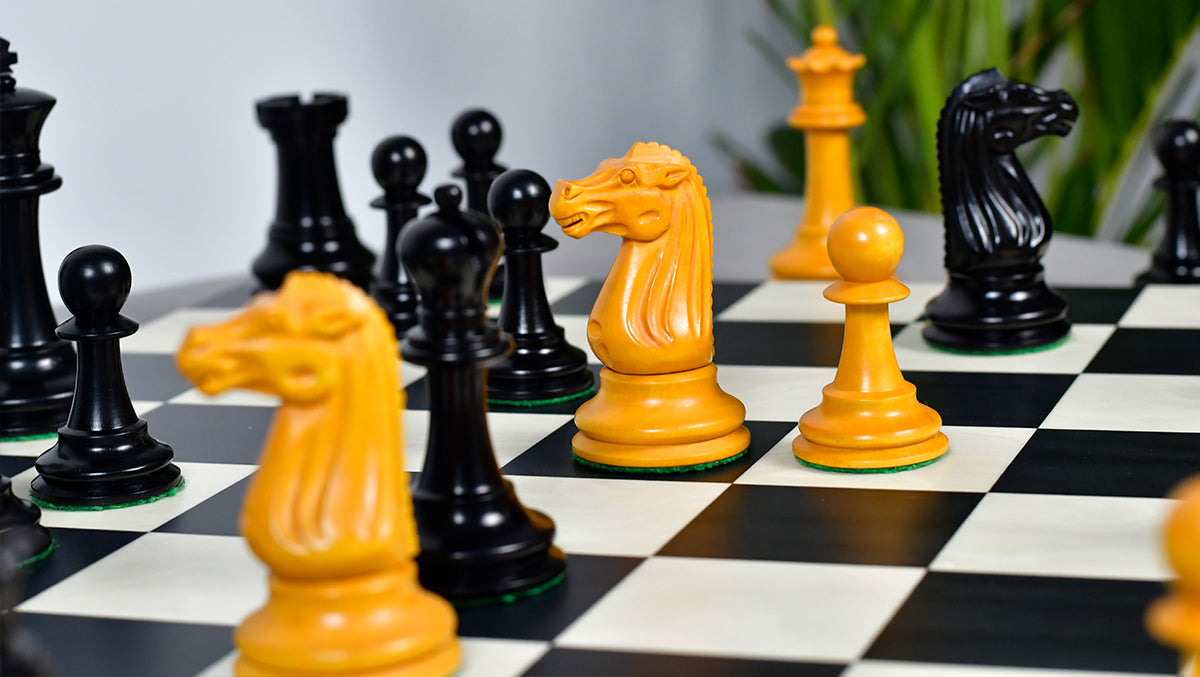 Circa 1887 Turner Teich Soviet-Staunton Style Weighted 4" Chess Pieces in Ebony & Golden Antique Boxwood - 1700 Grams Weight