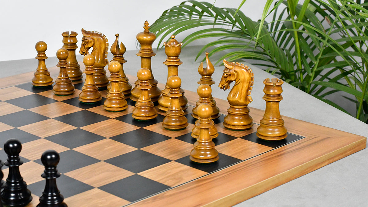 Combo Of War Admiral Antiqued Chess Pieces – 4.4" King – Handcrafted Staunton Design in Ebony Wood & Antiqued Boxwood With Wooden Black Dyed Poplar Olive Chess Board