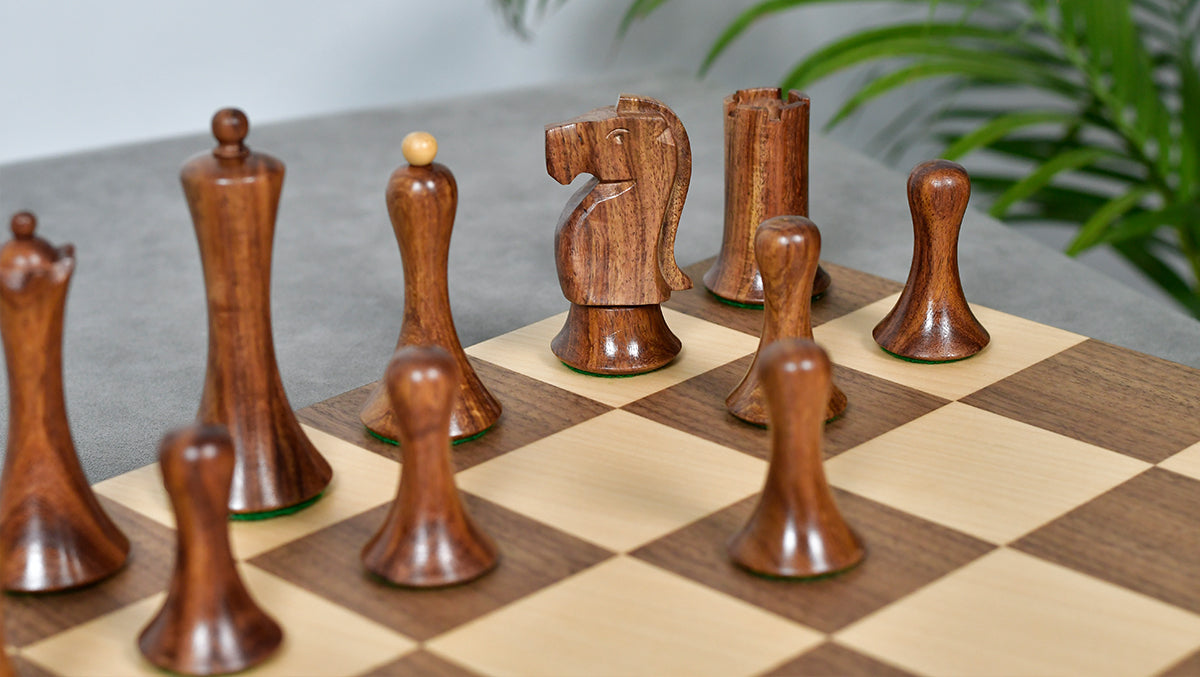 Combo Of Minimalist Soviet-Style Chess Pieces In Sheesham & Boxwood - 3.7” King With Minimalist Walnut Maple Wooden Chess Board Matte Finish