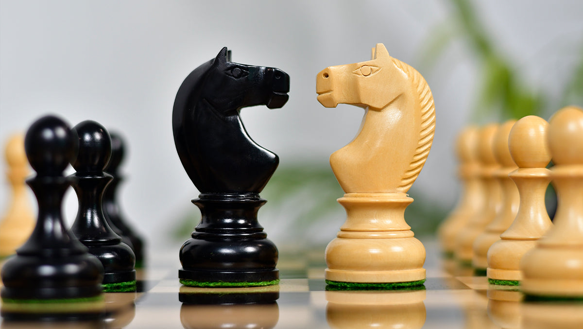 Combo Of Circa 1930s "Leningrad Schoolboy" 4.2 inch King Soviet Chess Pieces in Ebonized & Boxwood - 1530 grams With Solid Wooden Indian Chess Board in Genuine Ebony Wood & Maple Wood with Sheesham Wood Border