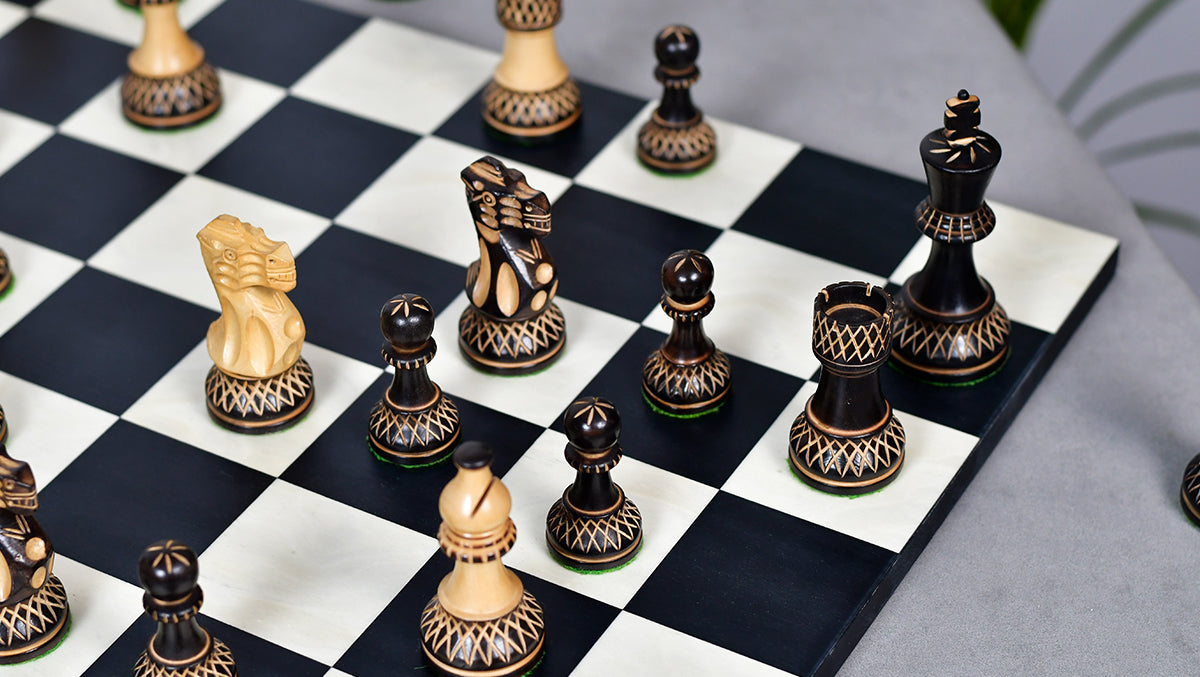Burnt Blazed Series Handcarved Chess Pieces in Burnt Box Wood - 3.8" King - Best Seller