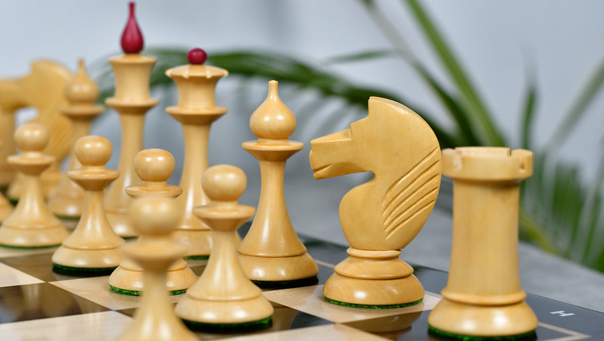 1950s' Soviet (Russian) Latvian Chess Pieces in Stained Crimson / Box Wood - 4.1" King - 1050 Grams