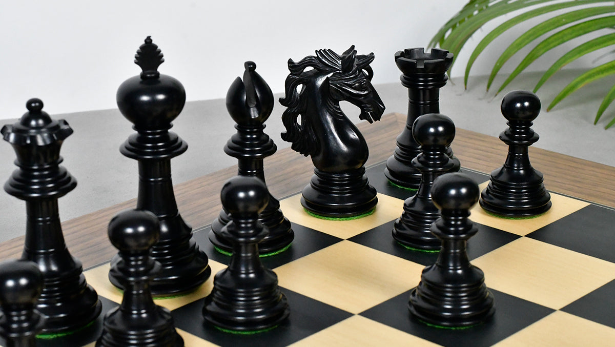 Combo Of American Adios Series Luxury Chess Pieces in Distressed Boxwood & Ebony Wood - 4.4" King With Wooden Black Dyed Poplar Sycamore Chess Board