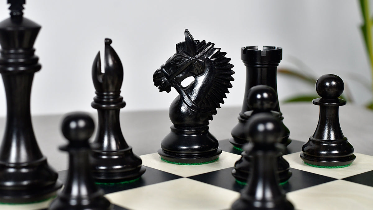 The American Bridle Triple-Weighted Chess Pieces with Extra Queen - Handcrafted in Ebony & Boxwood 4.2" King