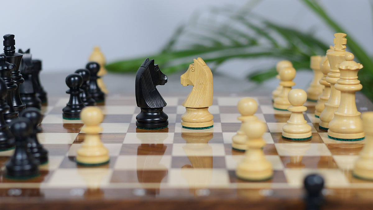 German Knight Tournament Series Staunton Chess Pieces in Ebonized Boxwood & Box Wood - 3" King