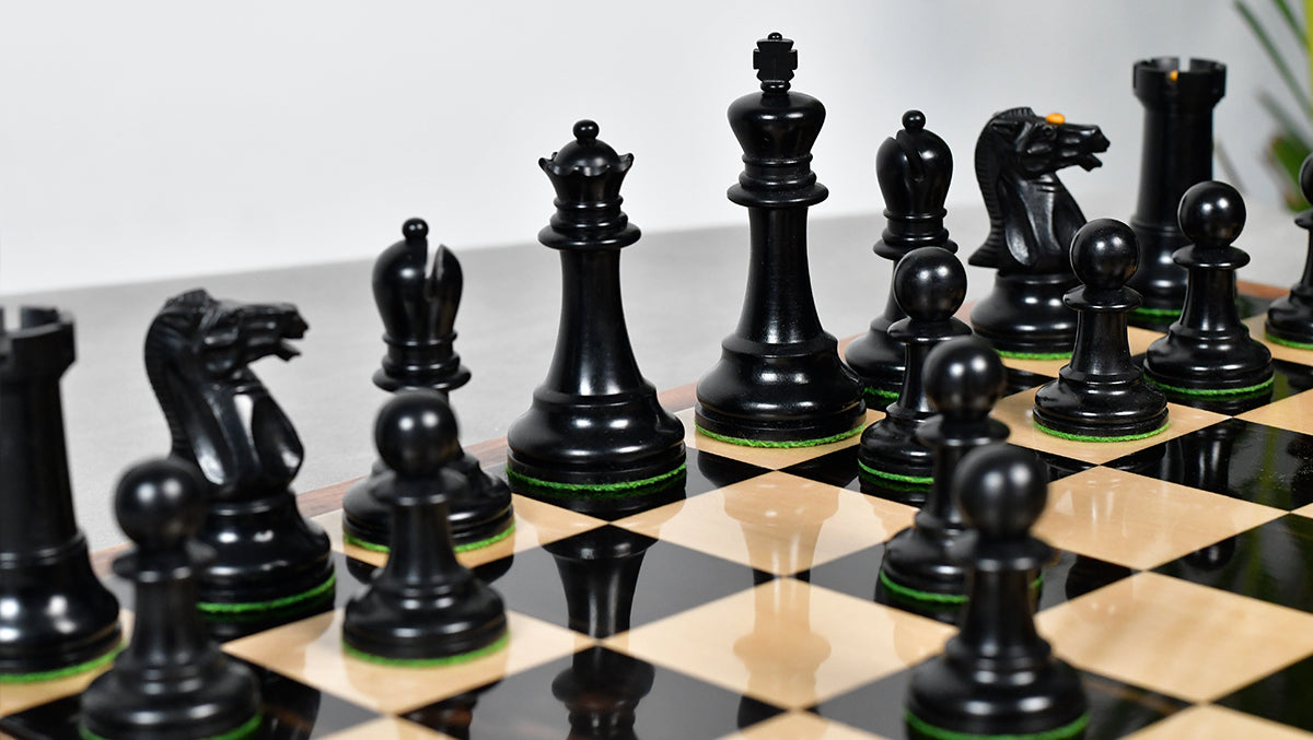 Reproduced Richard Whitty Antique Chess Pieces with King Side Stamping in Ebony / Antiqued Box wood - 3.75" King