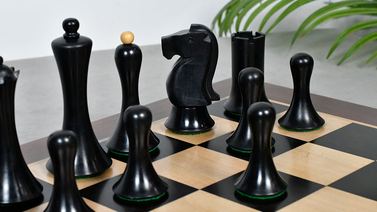 Combo Of Minimalist Soviet-Style Chess Pieces In Ebonized & Boxwood - 3.7” King With Wooden Ebony Wood / Maple Wood Chess Board