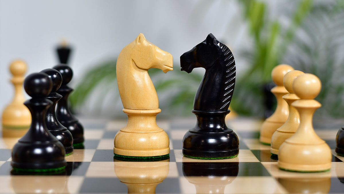 Combo Of 1950s' Botvinnik Tournament Soviet Era Chess Pieces in 4.4 inch King Ebonized Boxwood - 1480 Grams Weight With Solid Wooden Indian Chess Board in Genuine Ebony Wood & Maple Wood with Sheesham Wood Border