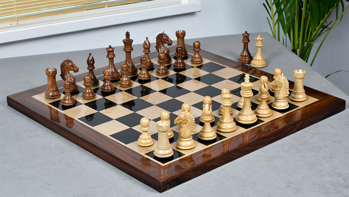 Derby Knight Staunton Weighted Chess Pieces in Sheesham & Boxwood - 4.1" King