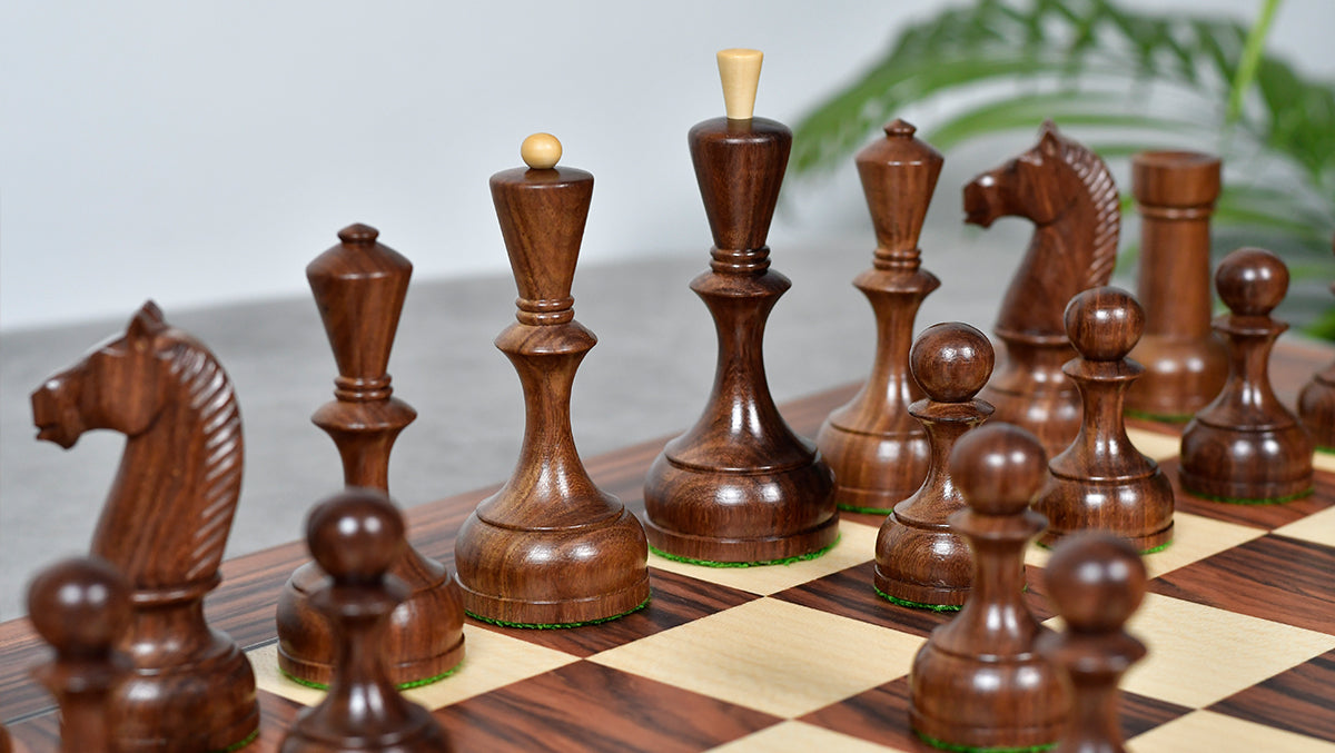 The Soviet Era 1950s' Botvinnik Tournament Weighted Chess Pieces in Sheesham & Boxwood 4.4 inch King - With Santos Palisander pr & Sycamore Chess Board