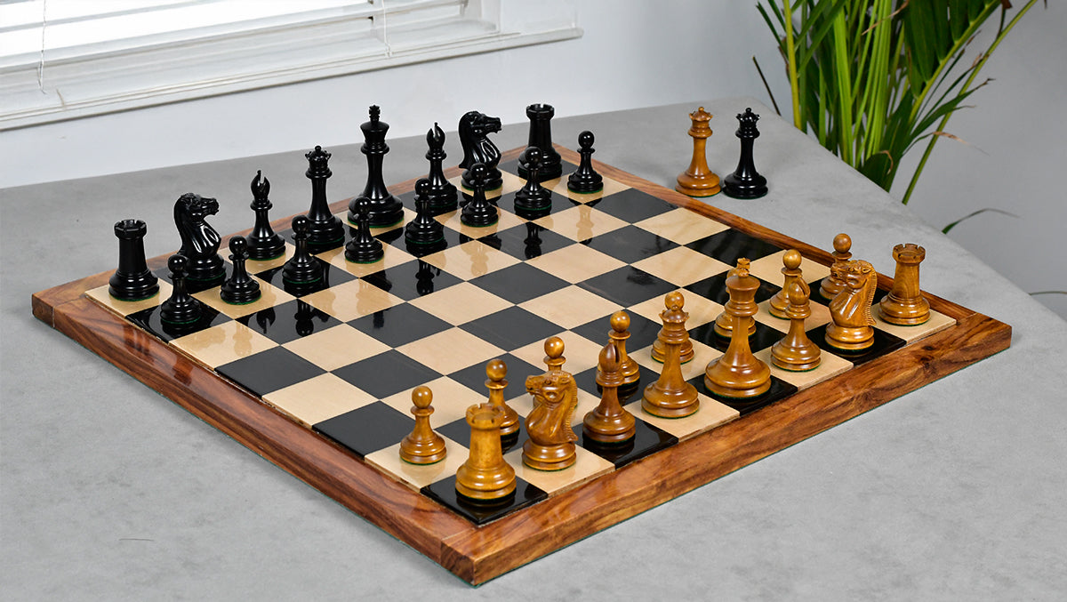 1849 Cooke Type 2 Jaques Staunton Weighted 3.5 inch King Chess Pieces in Ebony wood and Vintage Antique Boxwood - 1100 Grams Weight