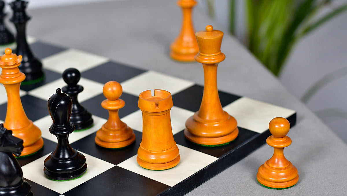 Reproduced B & Co 1860s Antique Chess Pieces in Ebony / Antiqued Box wood - 3.9" King