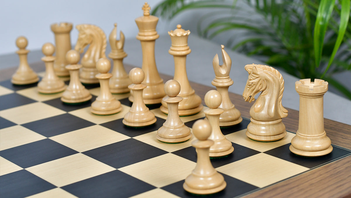 Combo Of 4.4 Inch Luxury Imperial Collector Series Artisan Chess Pieces Triple Weighted in Ebony and Boxwood With Wooden Black Dyed Poplar Sycamore Chess Board