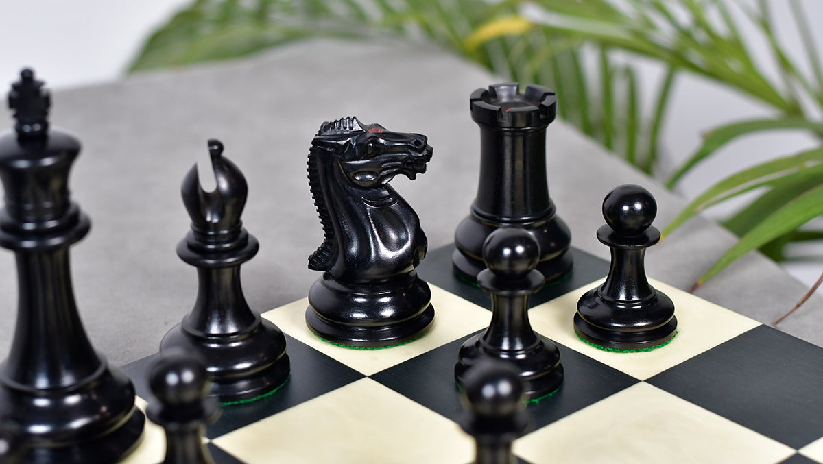 4.5" King - 1849 Original Staunton Pattern Triple Weighted Wooden Chess Pieces in Genuine Ebony & Antiqued Boxwood w/ King Side Stamping
