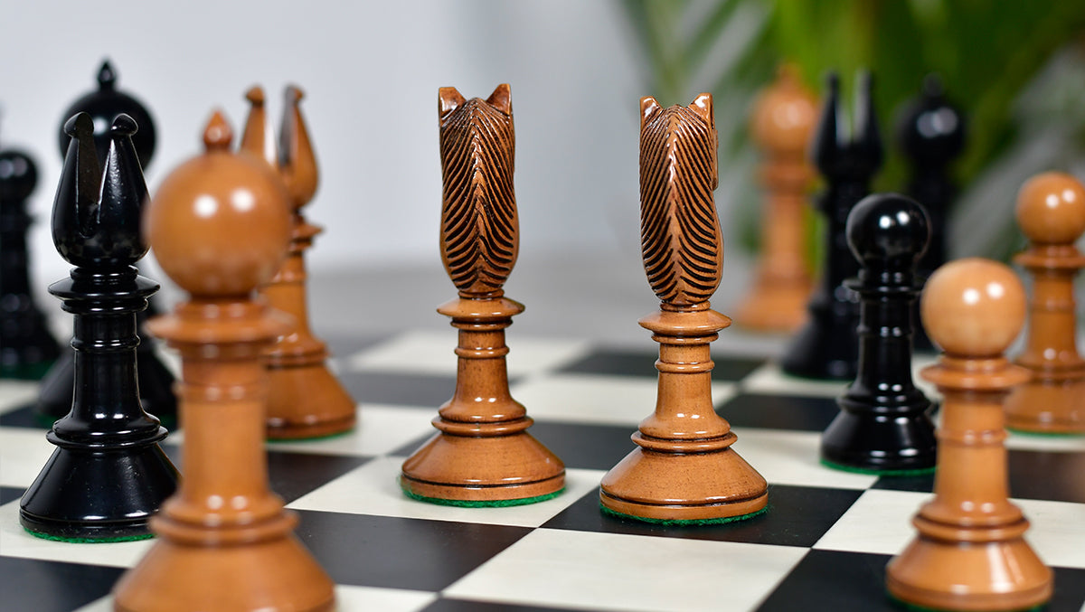 Exclusive Repro Old Antique Edinburgh Upright Chess Pieces in Distressed Boxwood and Ebonized Wood - 4.4" King with Extra Queens