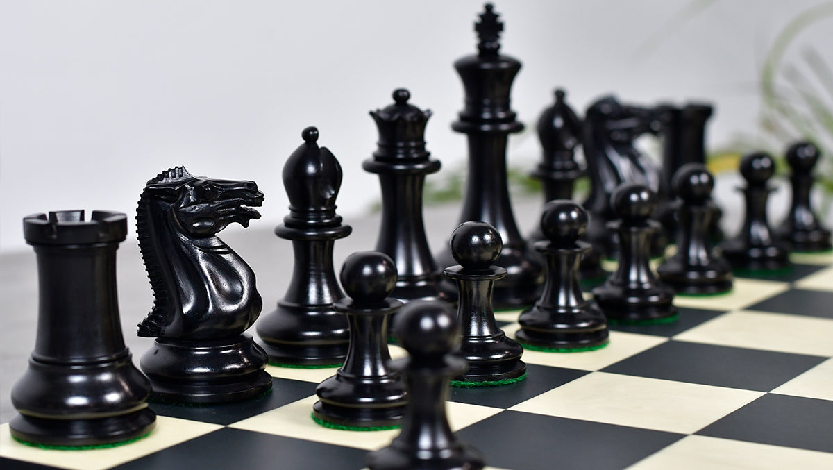 4.5" King - 1849 Original Staunton Pattern Triple Weighted Wooden Chess Pieces in Genuine Ebony & Antiqued Boxwood w/ King Side Stamping