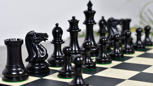 4.5" King - 1849 Original Staunton Pattern Triple Weighted Wooden Chess Pieces in Genuine Ebony & Antiqued Boxwood w/ King Side Stamping