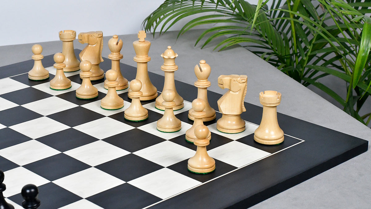 Combo Of Old Vintage English Staunton Series Chess Pieces in Ebonized Wood & Boxwood - 3.8" King With Wooden Black Anigre/ Maple Chess Board