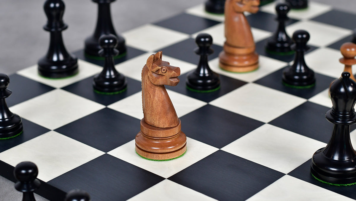 1900s' American Chess Company Reproduction Tournament Chess Set -  Black Ebonized & Antiqued Boxwood 3.8" King