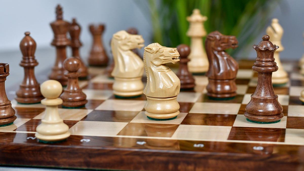 The 3.0" Stallion Weighted Staunton Chess Pieces in Sheesham Wood and Boxwood - 600 Grams Weight