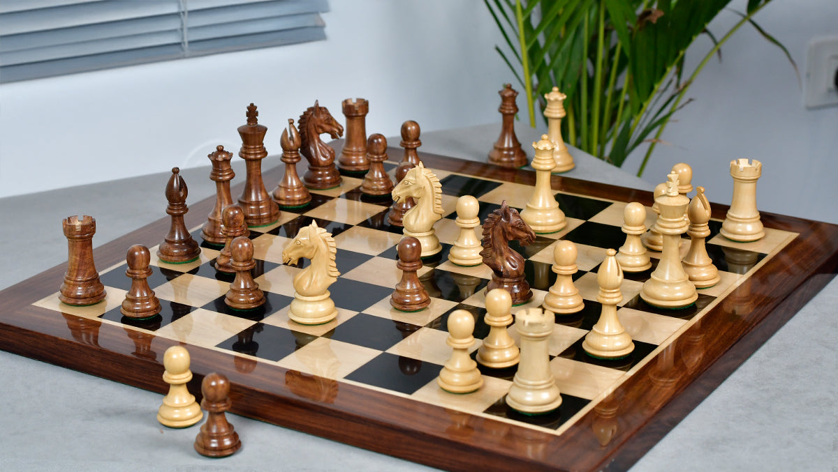 Derby Knight Staunton Weighted Chess Pieces in Sheesham & Boxwood - 4.1" King