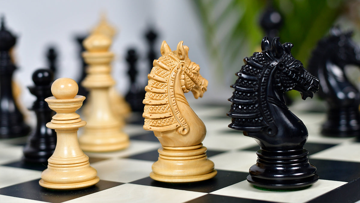 The Sikh Empire Series Triple Weighted Wooden Handmade Chess Pieces in Genuine Ebony Wood and Indian Boxwood - 4.5" King with Extra Queens