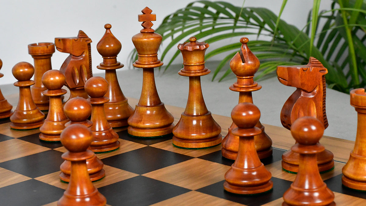 Combo Of The 1973 Philippines Repro International Tournament Chess Pieces in 4.2 Inch King Ebonized & Distressed Antique With Wooden Black Dyed Poplar Olive Chess Board